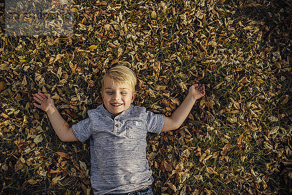 Hochwinkelaufnahme eines fröhlichen Jungen  der im Park auf herabgefallenem Herbstlaub liegt