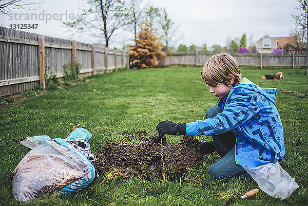 Seitenansicht eines knienden Jungen bei der Gartenarbeit im Hof mit Hund im Hintergrund