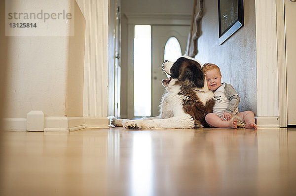 Süßer kleiner Junge sitzt mit Hund zu Hause