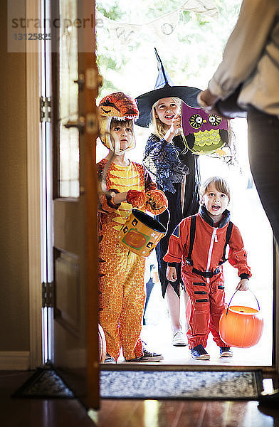Fröhliche  für die Halloween-Party gekleidete Geschwister stehen vor der Tür