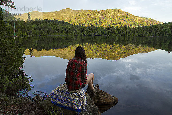 Rückansicht einer Frau  die auf einem Felsen am Teich im Wald sitzt