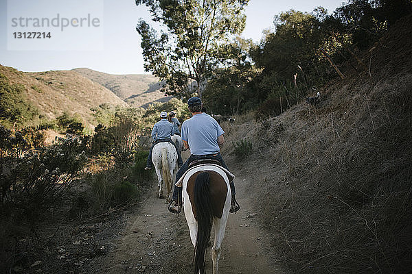 Rückansicht von Freunden beim Reiten auf dem Berg