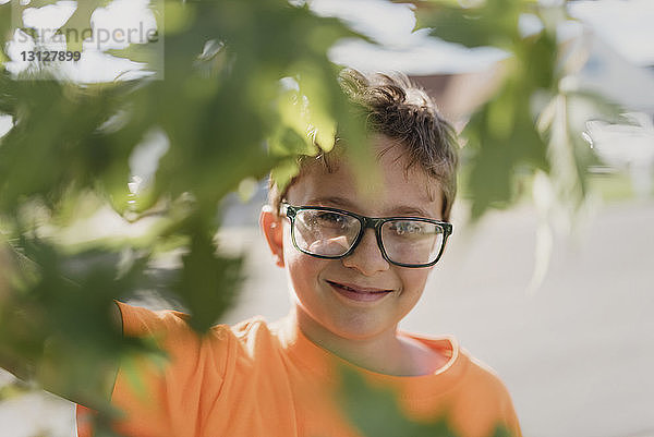 Porträt eines lächelnden Jungen mit Brille durch Blätter gesehen