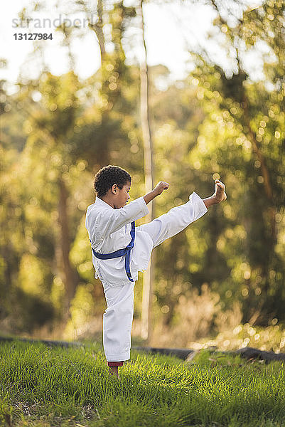 Seitenansicht eines Jungen  der auf einem Grasfeld im Park Karate übt