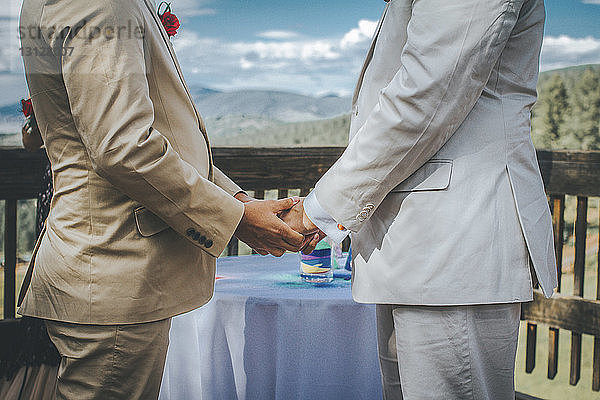 Mittelteil eines homosexuellen Paares  das sich an der Hand hält  während es am Tisch steht