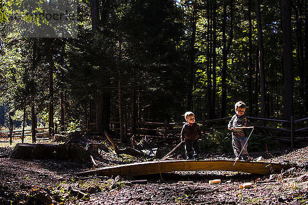 Brüder spielen mit Spielzeug auf dem Spielplatz