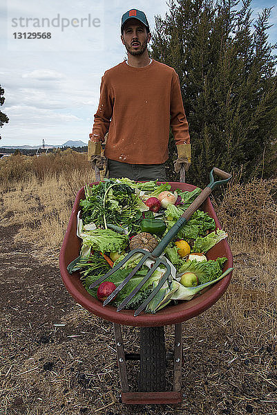 Porträt eines Mannes beim Tragen von Obst und Gemüse in einer Schubkarre