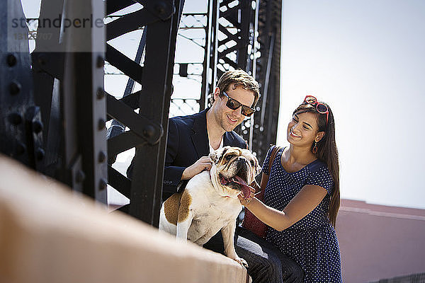 Glückliches Paar spielt mit Bulldogge auf Stützmauer