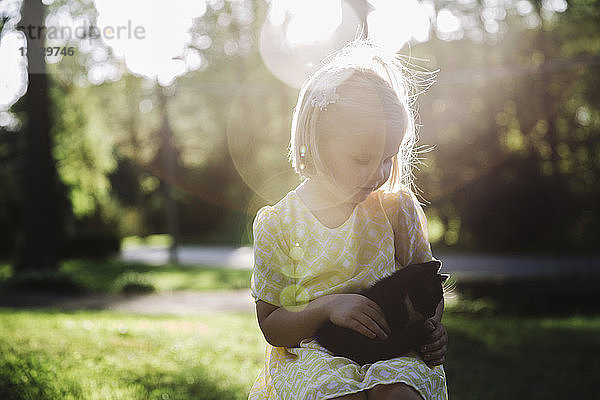 Süßes Mädchen streichelt Kätzchen  während es an einem sonnigen Tag im Park sitzt