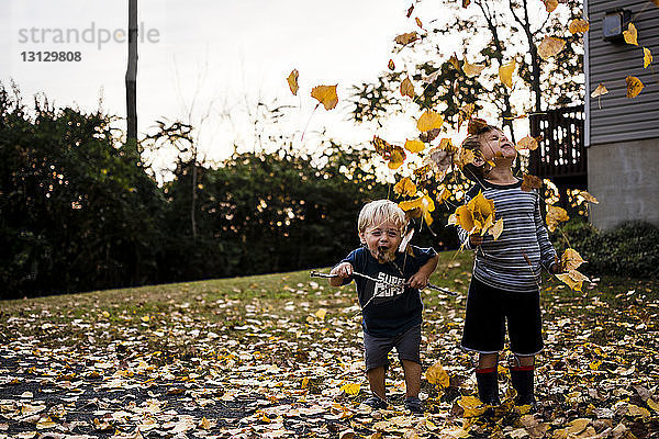 Fröhliche Brüder spielen im Herbst im Garten mit Ahornblättern