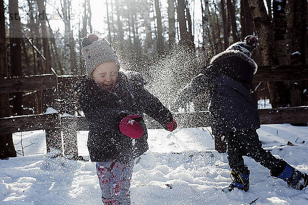 Geschwister spielen mit Schnee im Wald