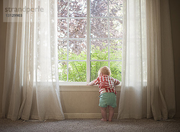Rückansicht eines kleinen Jungen  der zu Hause durch ein Fenster schaut