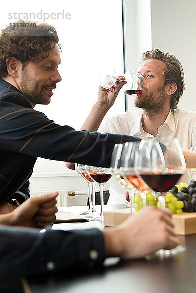 Männliche Freunde genießen Wein im Verkostungsraum