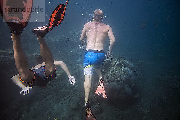 Im Meer schwimmende männliche Freunde ohne Hemd