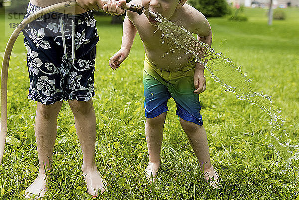 Niedriger Abschnitt eines Jungen  der dem Bruder beim Trinken von Wasser aus einem Schlauch im Hinterhof hilft