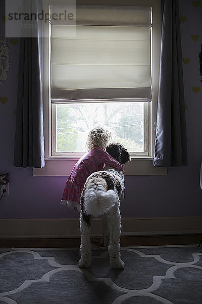 Mädchen mit Hund schaut zu Hause durchs Fenster