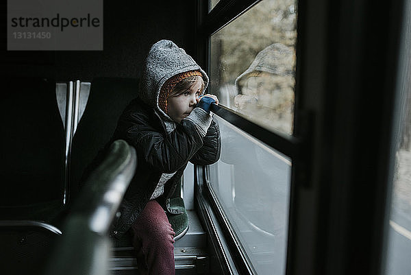 Nachdenklicher Junge schaut durchs Fenster  während er im Tourbus im Yosemite National Park sitzt