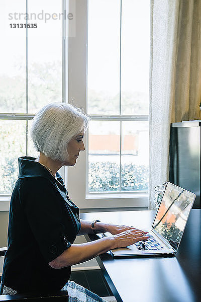 Seitenansicht einer Geschäftsfrau  die einen Laptop benutzt  während sie im Büro am Fenster sitzt
