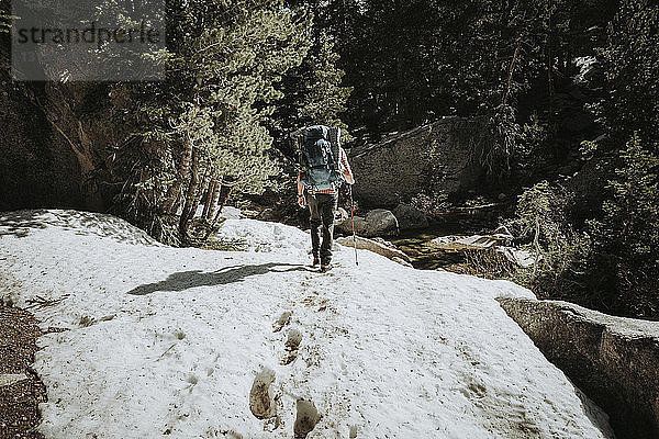 Rückansicht eines Wanderers mit Rucksack  der auf einem schneebedeckten Feld wandert