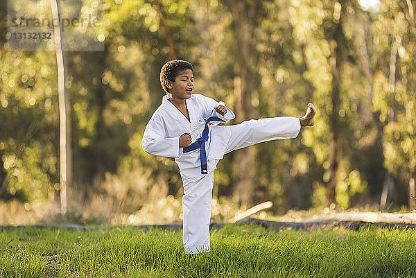 Junge übt Karate auf Grasfeld im Park