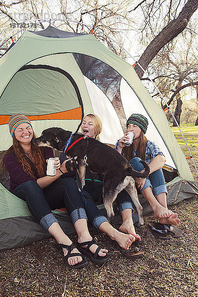 Fröhliche Frauen genießen mit Hund auf dem Campingplatz