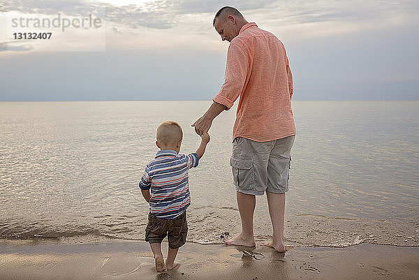 Rückansicht eines Vaters  der die Hand seines Sohnes hält  während er am Ufer am Strand steht