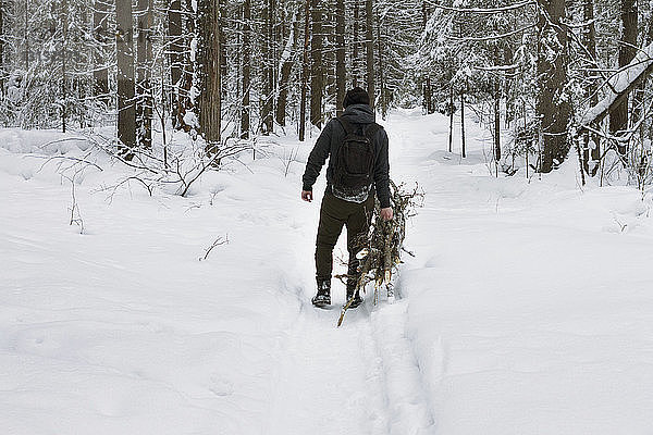 Rückansicht eines Mannes  der einen Holzstapel trägt  während er auf einem schneebedeckten Feld geht