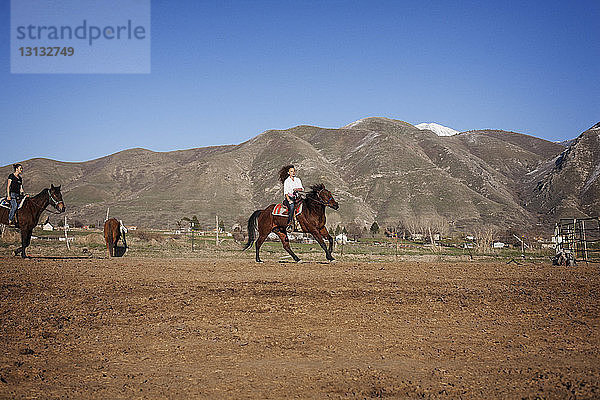 Weibliche Teenager reiten zu Pferd auf Feldern gegen den klaren Himmel