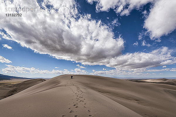 Fernsicht auf Menschen  die in der Wüste Fußspuren hinterlassen