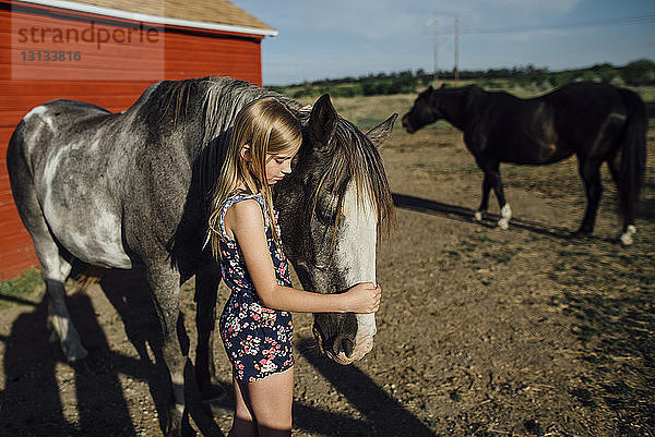 Seitenansicht eines am Stall stehenden Mädchens  das sein Pferd streichelt