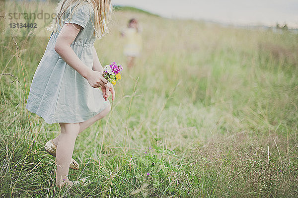Seitenansicht eines Mädchens  das Blumen auf dem Feld hält  mit der Schwester im Hintergrund
