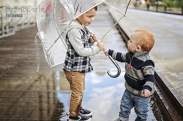 Kleiner Junge mit Bruder hält Regenschirm  während er auf nasser Straße steht