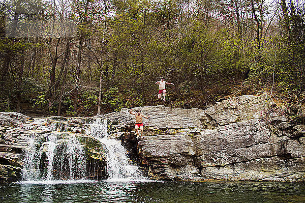 Männliche Freunde springen im See gegen eine Felsklippe am Waldrand