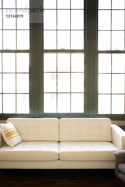 Sofa gegen Fenster zu Hause an einem sonnigen Tag