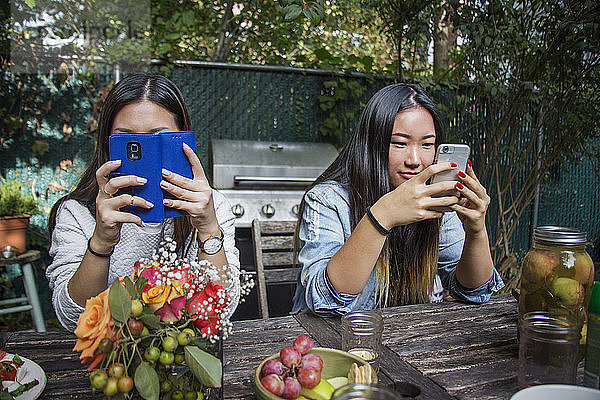 Freundinnen  die ein Smartphone benutzen  während sie am Tisch sitzen