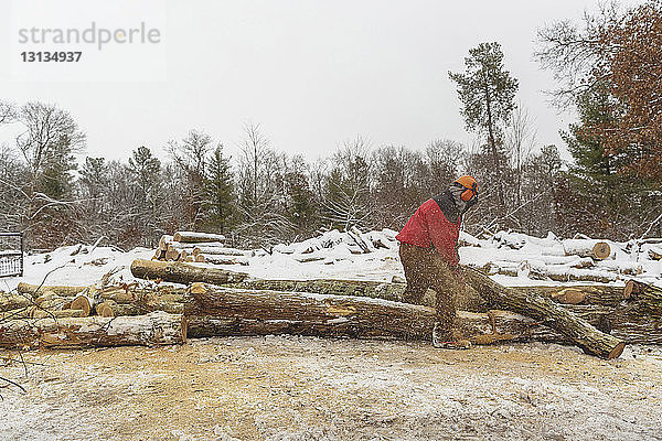 Seitenansicht eines Holzfällers  der im Winter im Wald Stämme gegen den Himmel schneidet