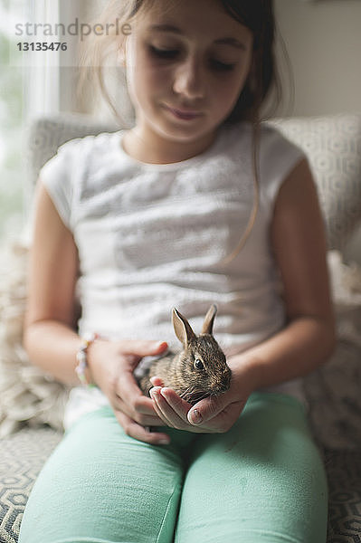 Mädchen schaut Hase an  während sie auf dem Sofa sitzt