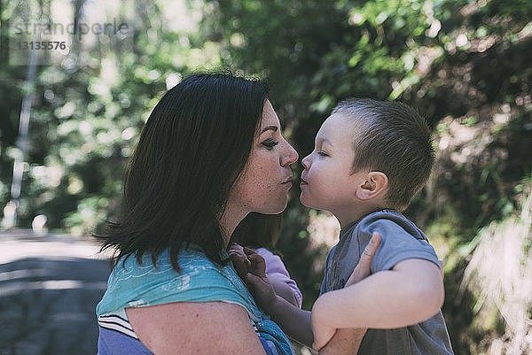 Seitenansicht von Mutter und Sohn  die sich im Park küssen