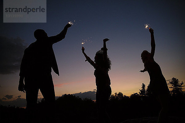 Silhouette von Freunden  die nachts mit Wunderkerzen gegen den Himmel spielen