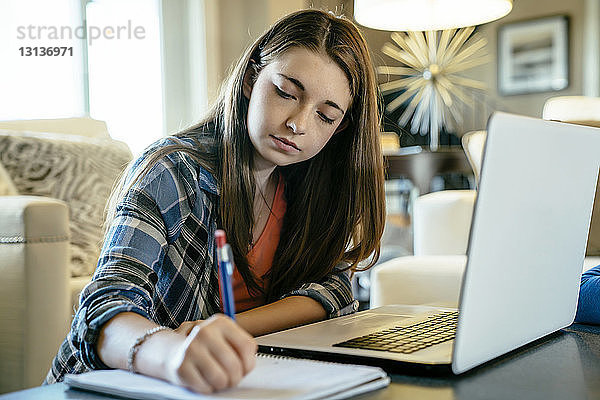 Seriöse Teenagerin macht Hausaufgaben mit Laptop zu Hause