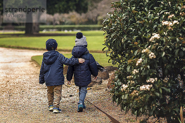 Rückansicht von Brüdern in warmer Kleidung beim Spaziergang im Park