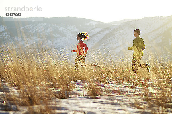 Paar läuft auf Feld gegen Berg