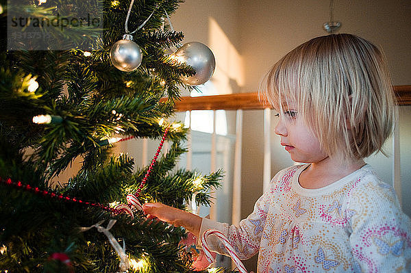 Mädchen berührt Weihnachtsbaum zu Hause