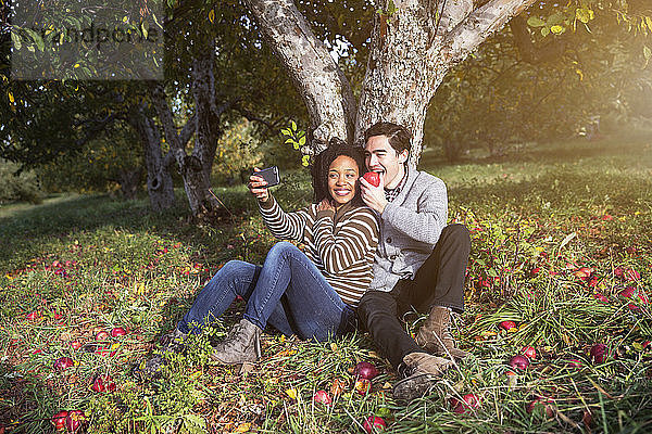 Paar beim Selbermachen  während es im Obstgarten an einem Baum sitzt