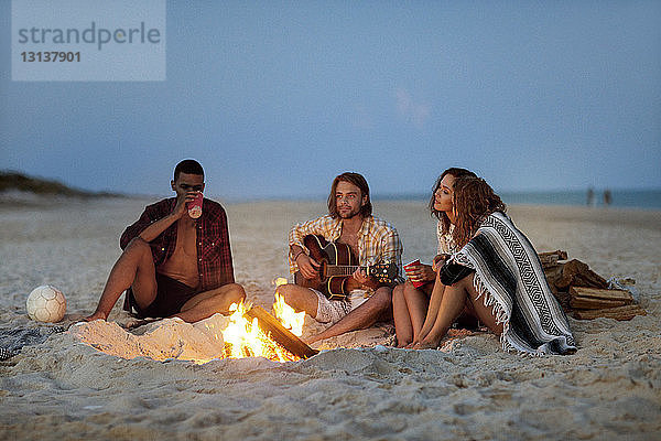 Freunde sitzen am Lagerfeuer am Strand