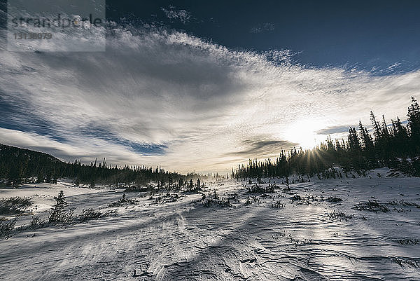 Szenische Ansicht einer schneebedeckten Landschaft vor bewölktem Himmel