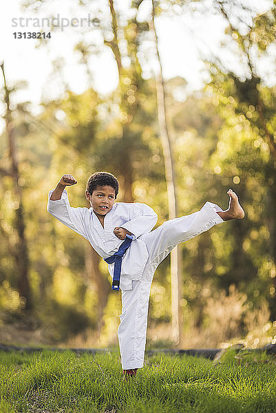 Junge übt in voller Länge Karate auf Grasfeld im Park