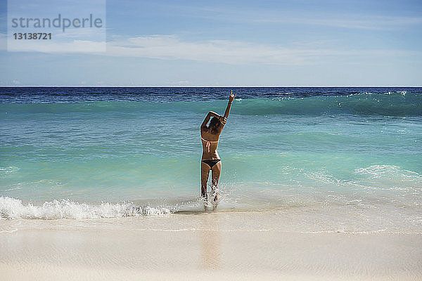 Rückansicht einer Frau im Bikini  die am Strand am Ufer steht