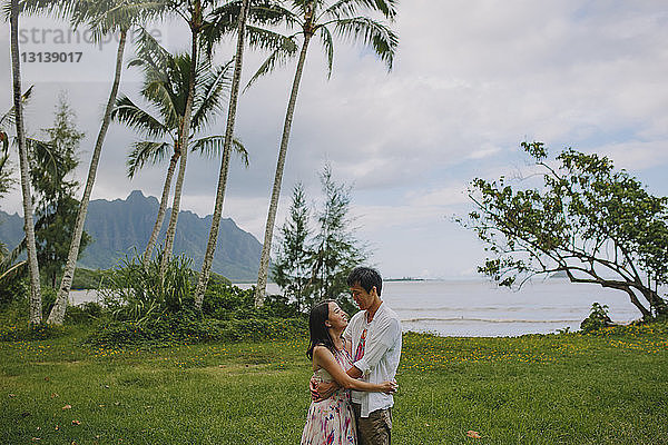 Glückliches Paar sieht sich an  während es auf einem Grasfeld am Meer vor bewölktem Himmel steht