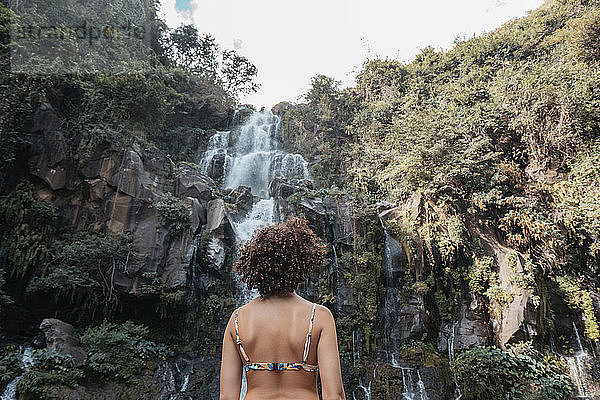 Rückansicht einer Frau im Bikini  die am Wasserfall am Wald steht